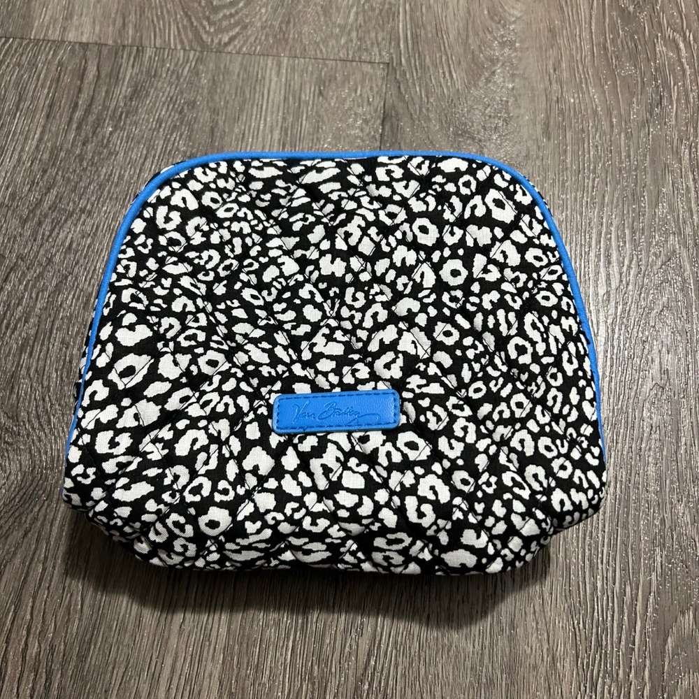 Vera Bradley Cosmetic Bag Set Black White Blue Leopard Print 6 Piece Quilted - Picture 5 of 7